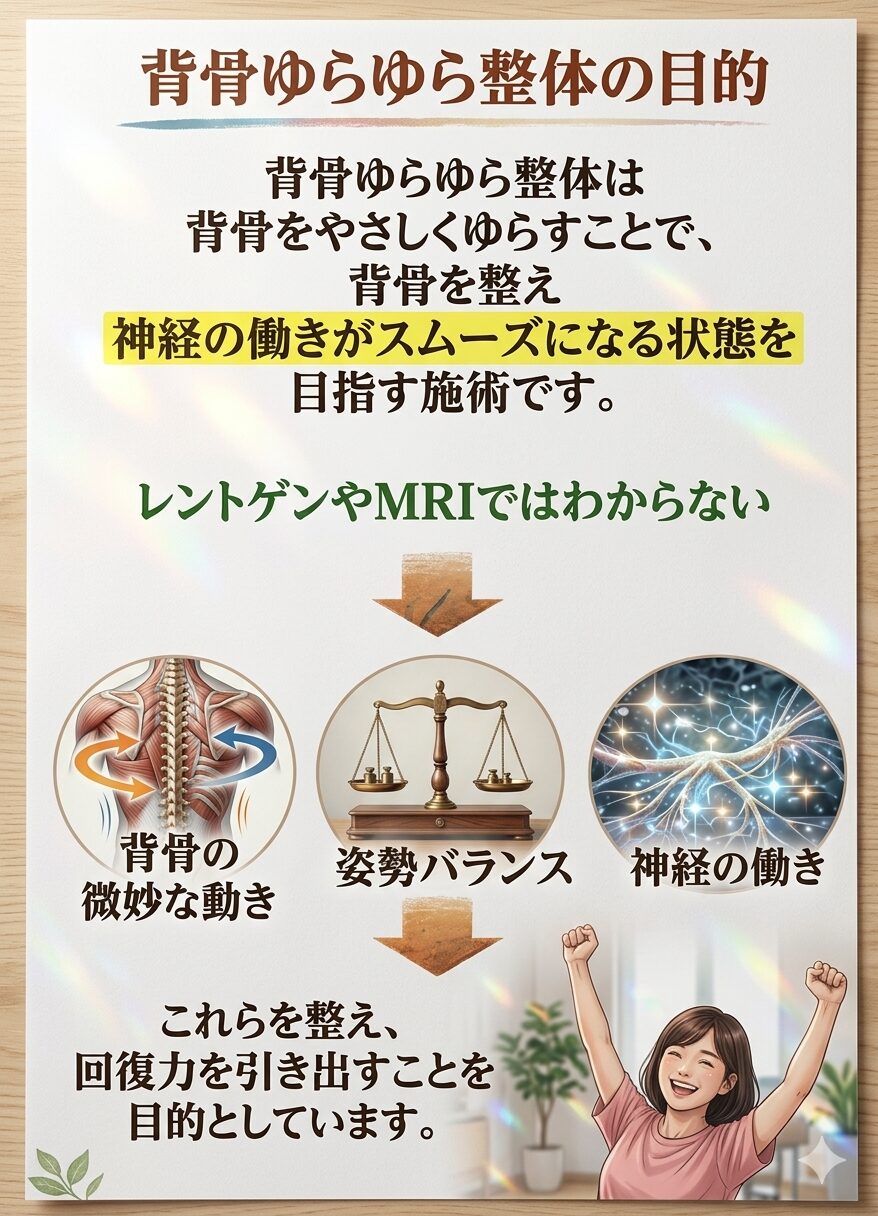 背骨ゆらゆら整体の目的  背骨ゆらゆら整体は、
背骨をやさしくゆらすことで背骨のバランスを整え、  神経の働きがスムーズになる状態を目指す施術です。  レントゲンやMRIではわからない  背骨の微妙な動き  姿勢バランス  神経の働き  といった部分を整え、
体が本来持っている回復力を引き出すことを目的としています。