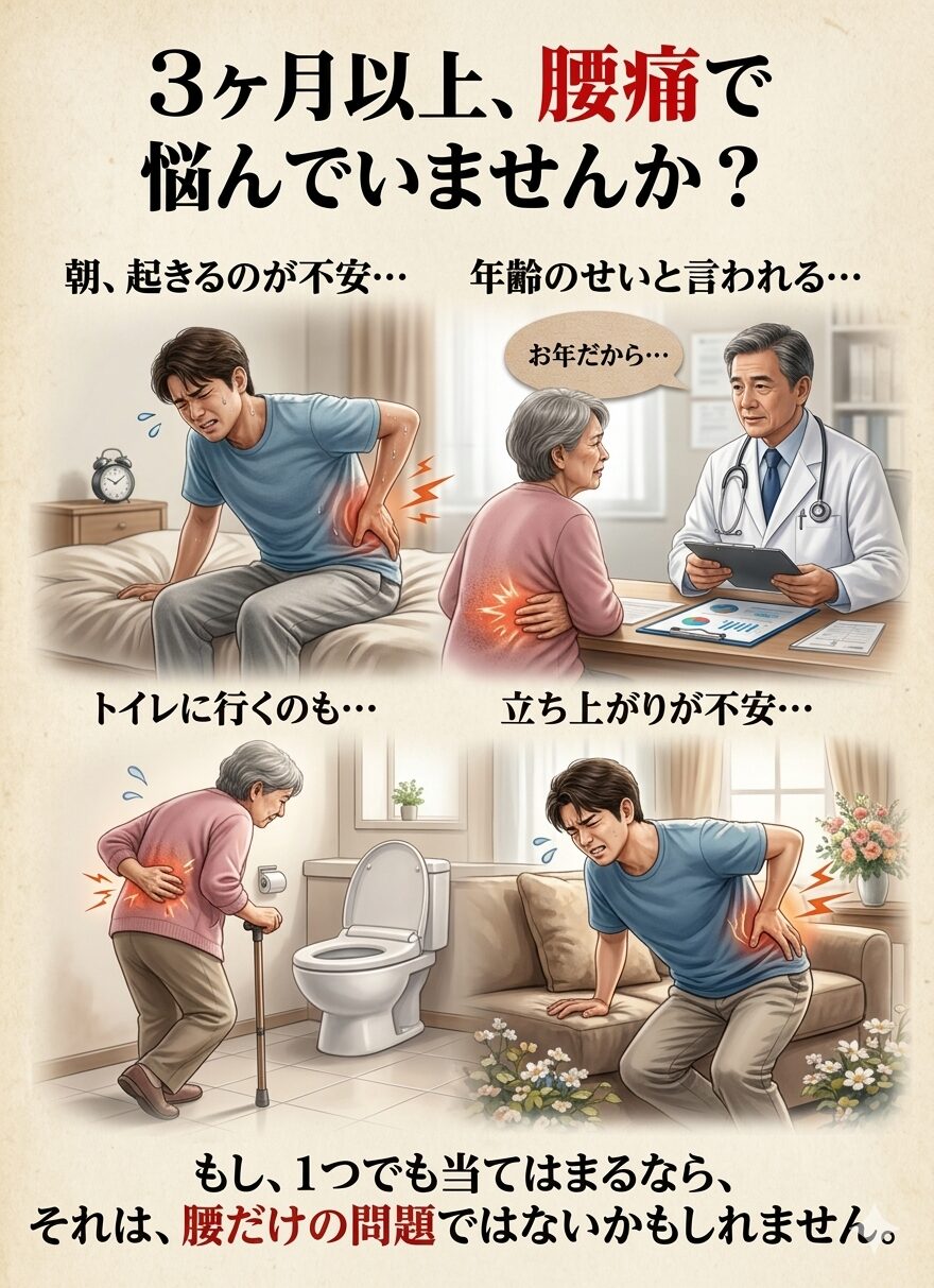 朝、起きるのが不安ではありませんか？ 3ヶ月以上腰痛が続いている… 病院で「年齢のせい」と言われた…  トイレに行くにもゆっくり…  立ち上がる瞬間が不安… もし、一つでも当てはまるなら、 それは、腰だけの問題ではないかもしれません。