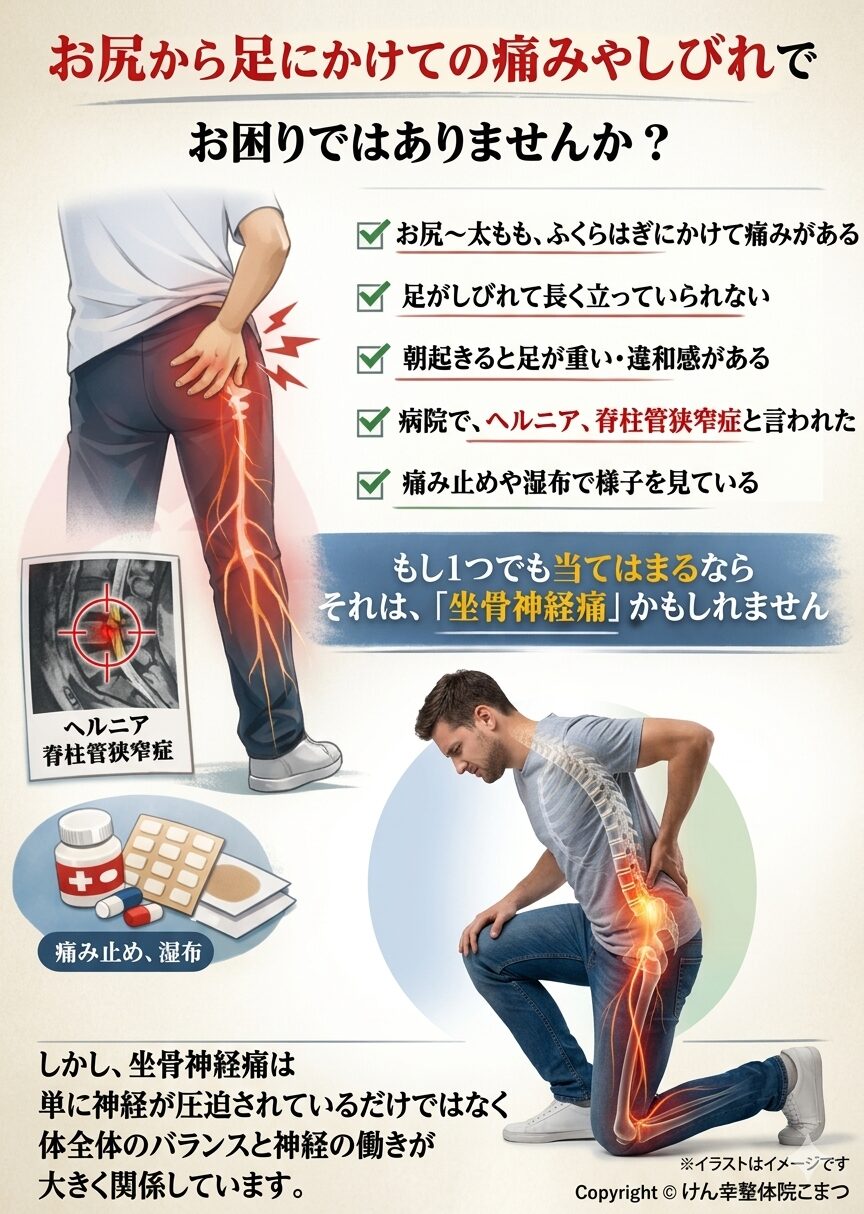 お尻から足にかけての痛みやしびれでお困りではありませんか？ ✔ お尻から太もも、ふくらはぎにかけて痛みがある ✔ 足がしびれて長く座っていられない ✔ 朝起きると足が重い・違和感がある ✔ 病院で「ヘルニア」「脊柱管狭窄症」と言われた ✔ 痛み止めや湿布で様子を見ている もし一つでも当てはまるなら、 それは「坐骨神経痛」かもしれません。 しかし、坐骨神経痛は単に神経が圧迫されているだけではなく、 体全体のバランスと神経の働きが大きく関係しています。
