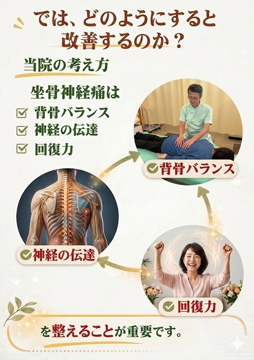 では、どのようにすると改善するのか？当院の考え方坐骨神経痛は，✔背骨バランス　✔神経の伝達　✔回復力　これらを整えることが重要です