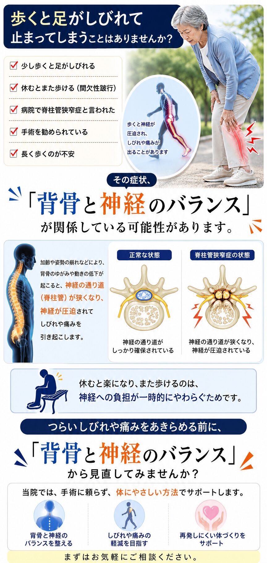 歩くと足がしびれて止まってしまうことはありませんか？  ✔ 少し歩くと足がしびれる
✔ 休むとまた歩ける（間欠性跛行）
✔ 病院で脊柱管狭窄症と言われた
✔ 手術を勧められている
✔ 長く歩くのが不安  その症状、
「背骨と神経のバランス」が関係している可能性があります。