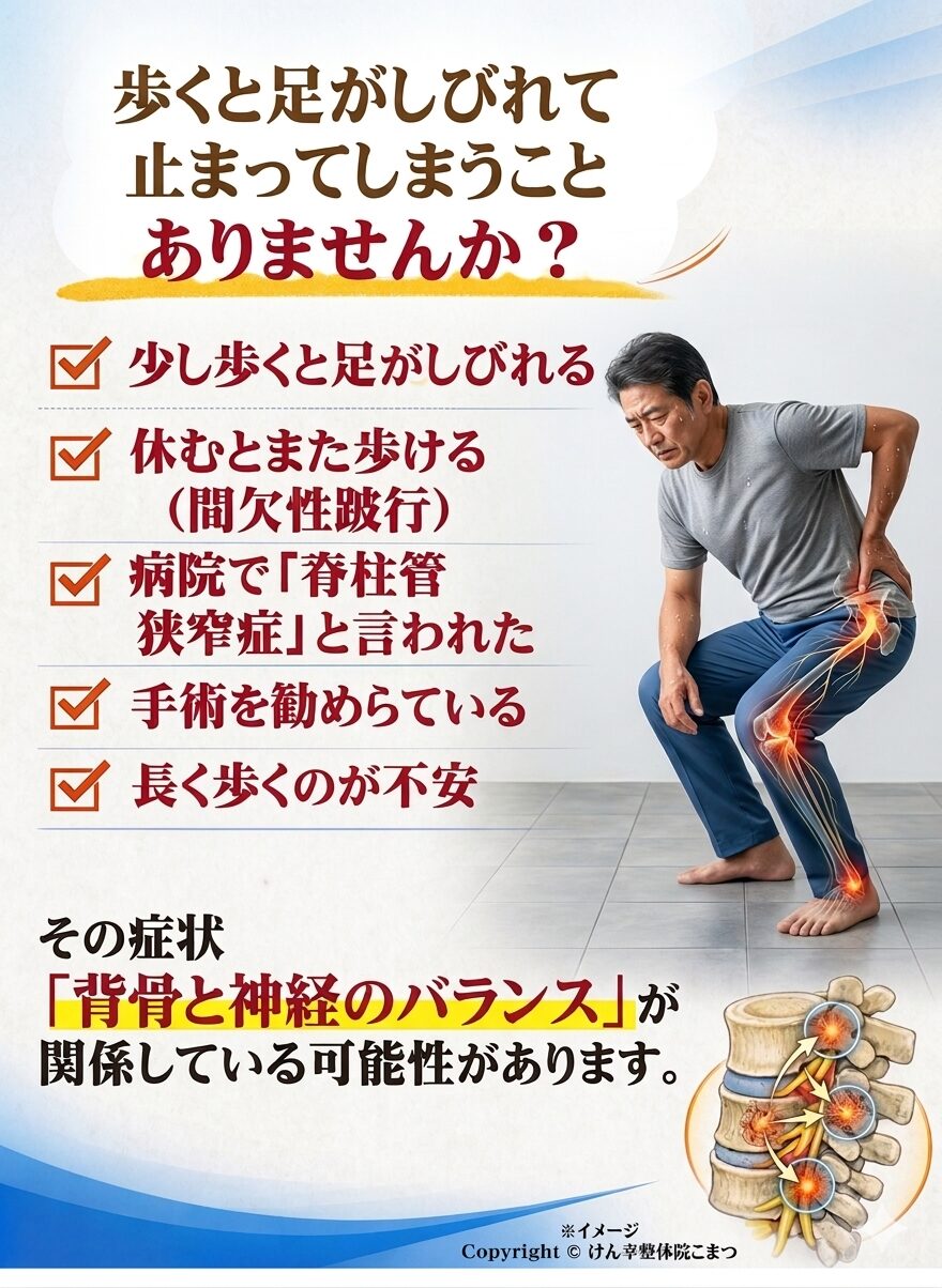 歩くと足がしびれて止まってしまうことはありませんか？  ✔ 少し歩くと足がしびれる
✔ 休むとまた歩ける（間欠性跛行）
✔ 病院で脊柱管狭窄症と言われた
✔ 手術を勧められている
✔ 長く歩くのが不安  その症状、
「背骨と神経のバランス」が関係している可能性があります。