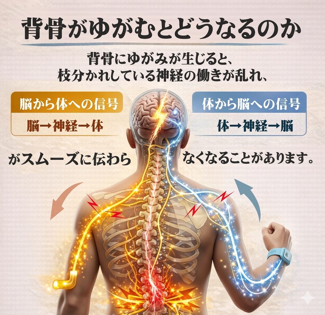 背骨がゆがむとどうなるのか  背骨にゆがみが生じると、
枝分かれしている神経の働きが乱れ、  脳から体への信号  体から脳への信号  がスムーズに伝わらなくなることがあります。