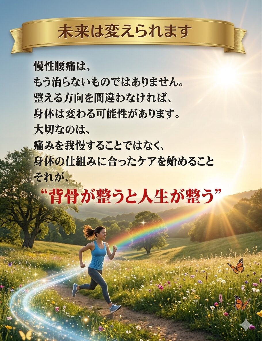 未来は変えられます  慢性腰痛は、  「もう治らないもの」ではありません。  整える方向を間違えなければ、
体は変わる可能性があります。  大切なのは、
痛みを我慢することではなく、
体の仕組みに沿ったケアを始めること。  それが、  「背骨が整うと人生が整う」  という変化につながります。