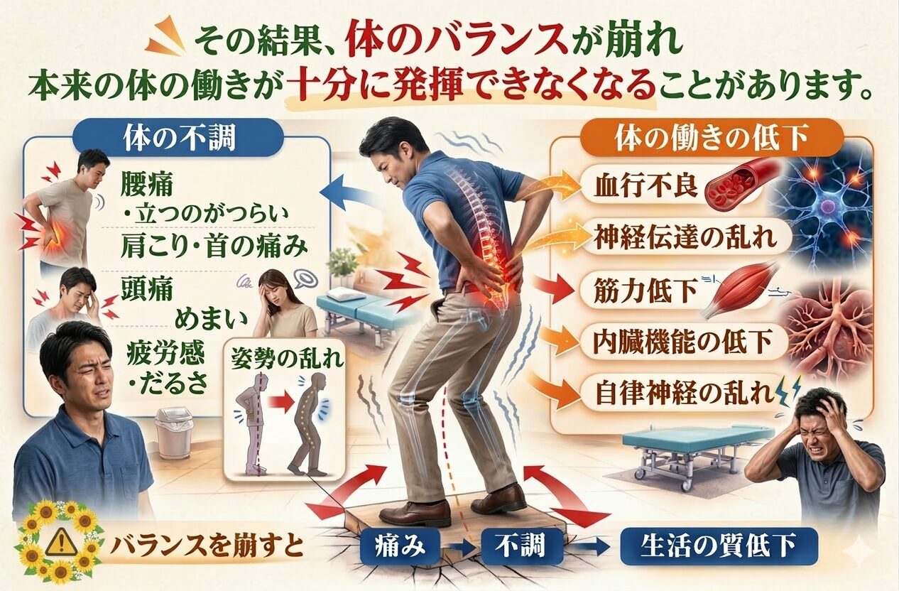 その結果、体のバランスが崩れ、
本来の体の働きが十分に発揮できなくなることがあります。
