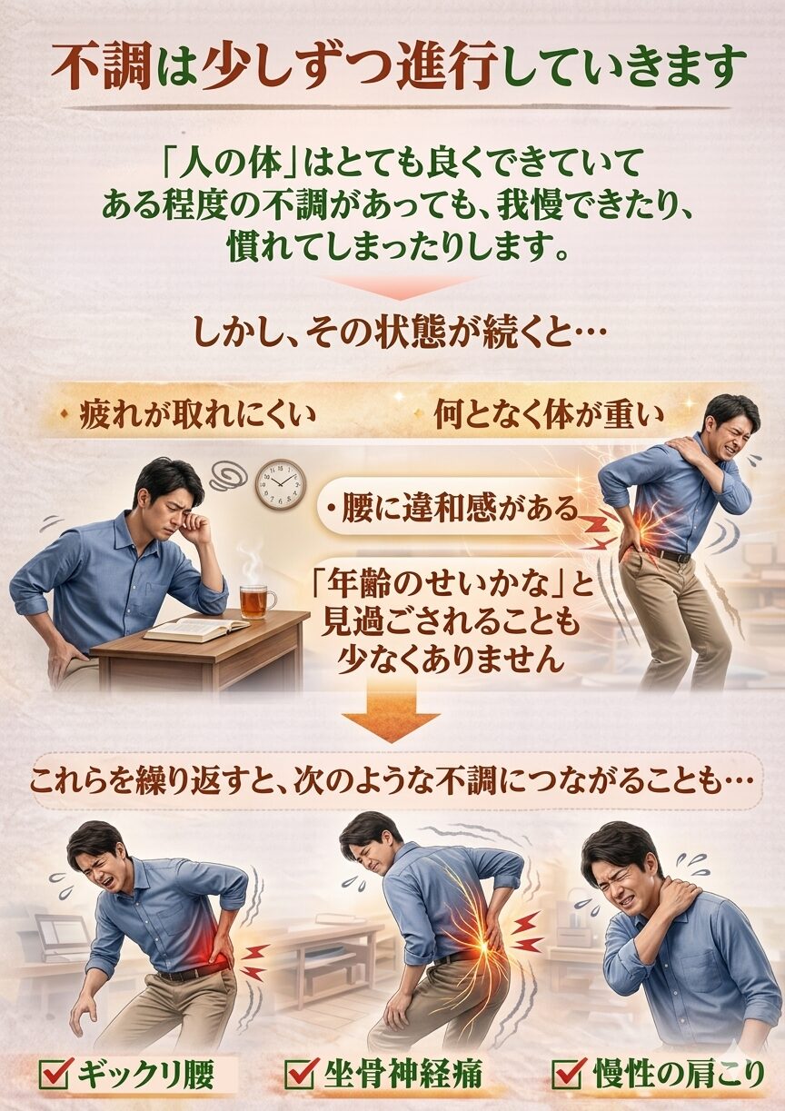 不調は少しずつ進行していきます  人の体はとてもよくできていて、
ある程度の不調があっても我慢できたり、慣れてしまったりします。  そのため、  なんとなく体が重い  疲れが抜けにくい  肩や腰が張る  といった状態が続いていても、
「年齢のせいかな」と見過ごされてしまうことも少なくありません。  しかし、その状態が続くと筋肉が硬くなり、
やがて  ぎっくり腰  坐骨神経痛  慢性的な肩こり  など、さまざまな不調へつながることがあります。
