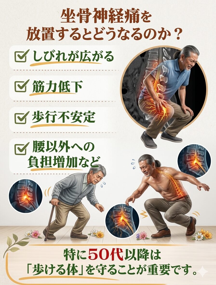 坐骨神経痛を放置するとどうなるのか？ ✔ しびれが広がる ✔ 筋力低下 ✔ 歩行不安定 ✔ 腰以外への負担増加 などに繋がる可能性があります。特に50代以降は、 「歩ける体」を守ることが重要です。