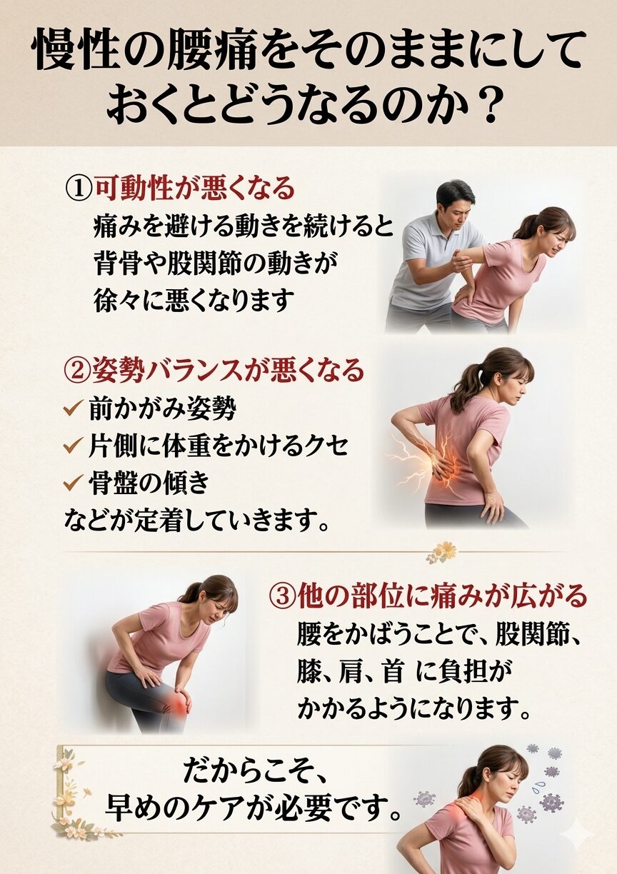 慢性腰痛をそのままにしておくとどうなるのか？  慢性腰痛は、
命に関わる病気ではないため、  「そのうち良くなるだろう」
と我慢してしまう方が多くいらっしゃいます。  しかし、痛みをかばい続けることで、
体には少しずつ変化が起こります。   ① 可動域が狭くなる  痛みを避ける動きを続けると、
背骨や股関節の動きが徐々に硬くなります。  動かさない部分はさらに動きづらくなり、
結果として回復しにくい体になります。   ② 姿勢バランスが崩れる  慢性的な腰痛があると、  ✔ 前かがみ姿勢
✔ 片側に体重をかけるクセ
✔ 骨盤の傾き  などが定着していきます。  姿勢が崩れると、
背骨全体のバランスもさらに乱れ、
悪循環が起こります。   ③ 他の部位に痛みが広がる  腰をかばうことで、  ・股関節
・膝
・肩
・首  に負担がかかるようになります。  「最初は腰だけだったのに…」  という方が多いのはこのためです。   ④ 回復力がさらに低下する  背骨のバランスが乱れた状態が長く続くと、
神経の伝達も低下しやすくなります。  神経は筋肉や内臓の働きにも関係しています。  つまり、
慢性腰痛は「腰だけの問題」ではなく、
全身の機能低下につながる可能性があるのです。  ■ だからこそ早めのケアが大切です  慢性腰痛は、  「壊れている」わけではなく
「機能が低下している」状態です。  機能は整えれば回復する可能性があります。  大切なのは、  痛みが強くなってからではなく、
動けるうちに整えていくこと。  それが将来の  「10年後も自分の足で歩ける身体」  につながります。