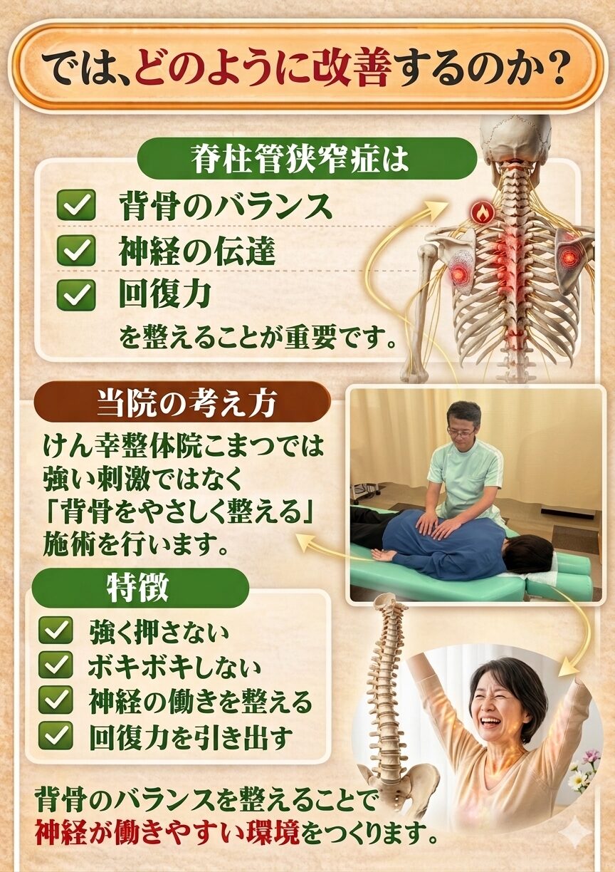 ではどのように改善するのか？脊柱管狭窄症は✔背骨バランス✔神経の伝達✔回復力を整えることが重要です。当院の考え方　けん幸整体院こまつでは強い刺激ではなく、「背骨をやさしく整える」施術を行います。　特徴✔強く押さない✔ボキボキしない✔神経の働きを整える✔回復力を引き出す　背骨のバランスを整えることで神経が働きやすい環境を整えることです。