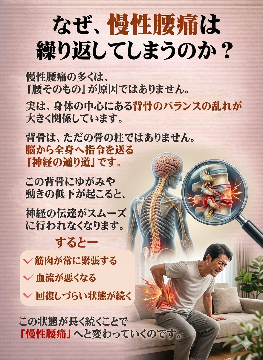 なぜ慢性腰痛は繰り返してしまうのか？  慢性腰痛の多くは、
「腰そのもの」が原因ではありません。  実は、体の中心にある背骨のバランスの乱れが大きく関係しています。  背骨は、ただの“骨の柱”ではありません。
脳から全身へ指令を送る「神経」の通り道です。  この背骨にゆがみや動きの低下が起こると、
神経の伝達がスムーズに行われなくなります。  すると――  ✔筋肉が常に緊張する
✔血流が悪くなる
✔回復しづらい状態が続く  この状態が長く続くことで、
「慢性腰痛」へと変わっていくのです。
