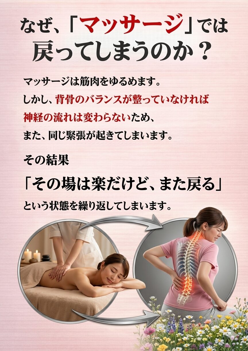 なぜ、マッサージでは戻ってしまうのか？  マッサージは筋肉をゆるめます。  しかし、背骨のバランスが整っていなければ、
神経の流れは変わらないため、
また同じ緊張が起きてしまいます。  その結果、  「その場は楽だけど、また戻る」  という状態を繰り返してしまうのです。