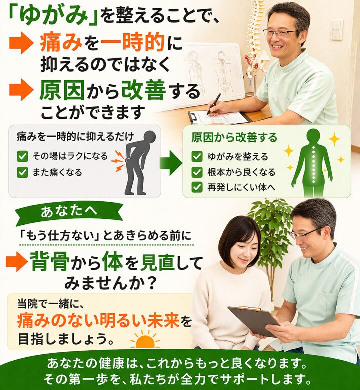 「ゆがみ」を整えることで、  👉 痛みを一時的に抑えるのではなく
👉 原因から改善することができます  あなたへ  「もう仕方ない」とあきらめる前に  👉 背骨から体を見直してみませんか？  当院で一緒に、
痛みのない明るい未来を目指しましょう。