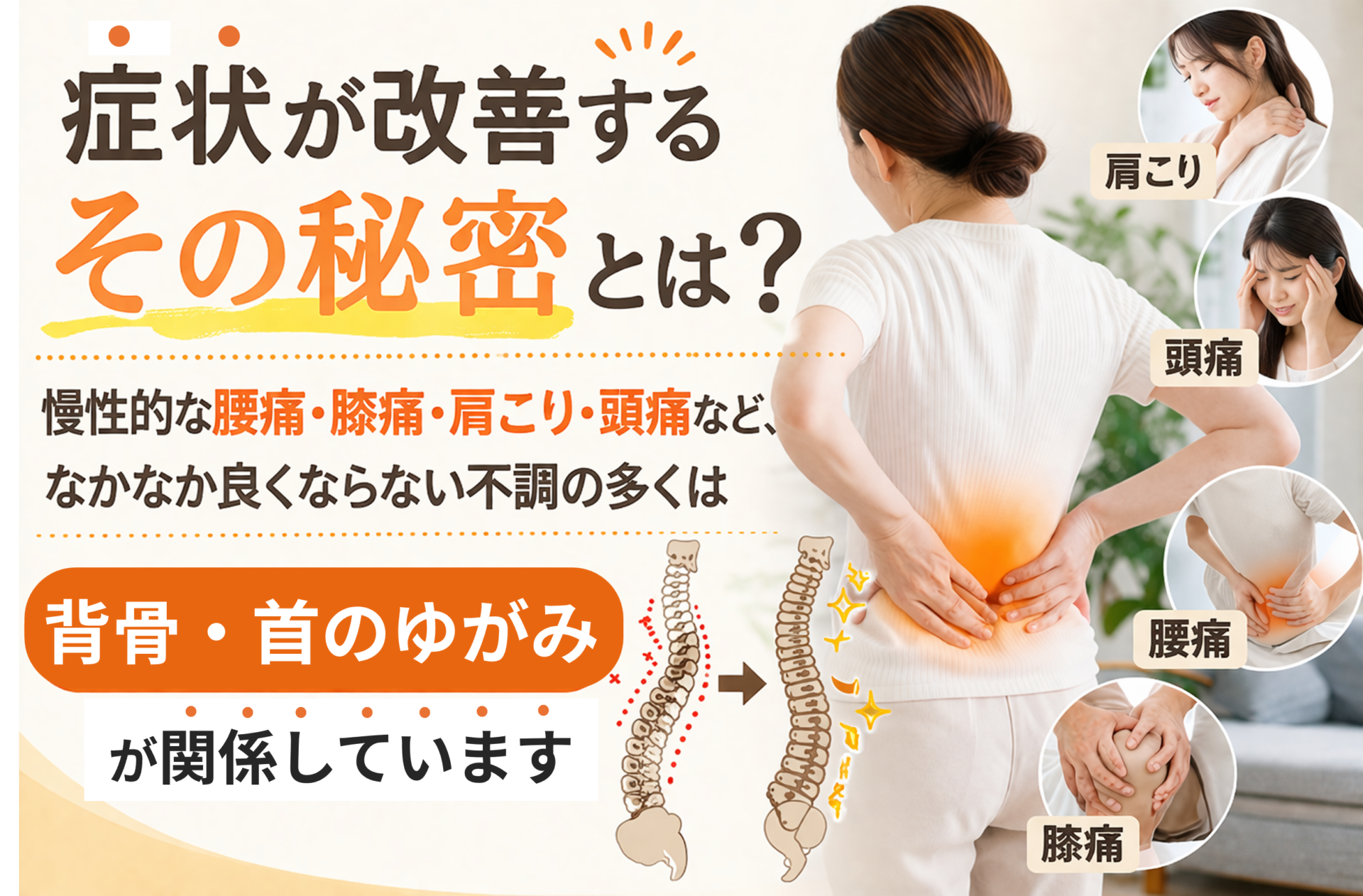 症状が改善するその秘密とは？  慢性的な腰痛・膝痛・肩こり・頭痛など、
なかなか良くならない不調の多くは  👉 背骨・首のゆがみ が関係しています。