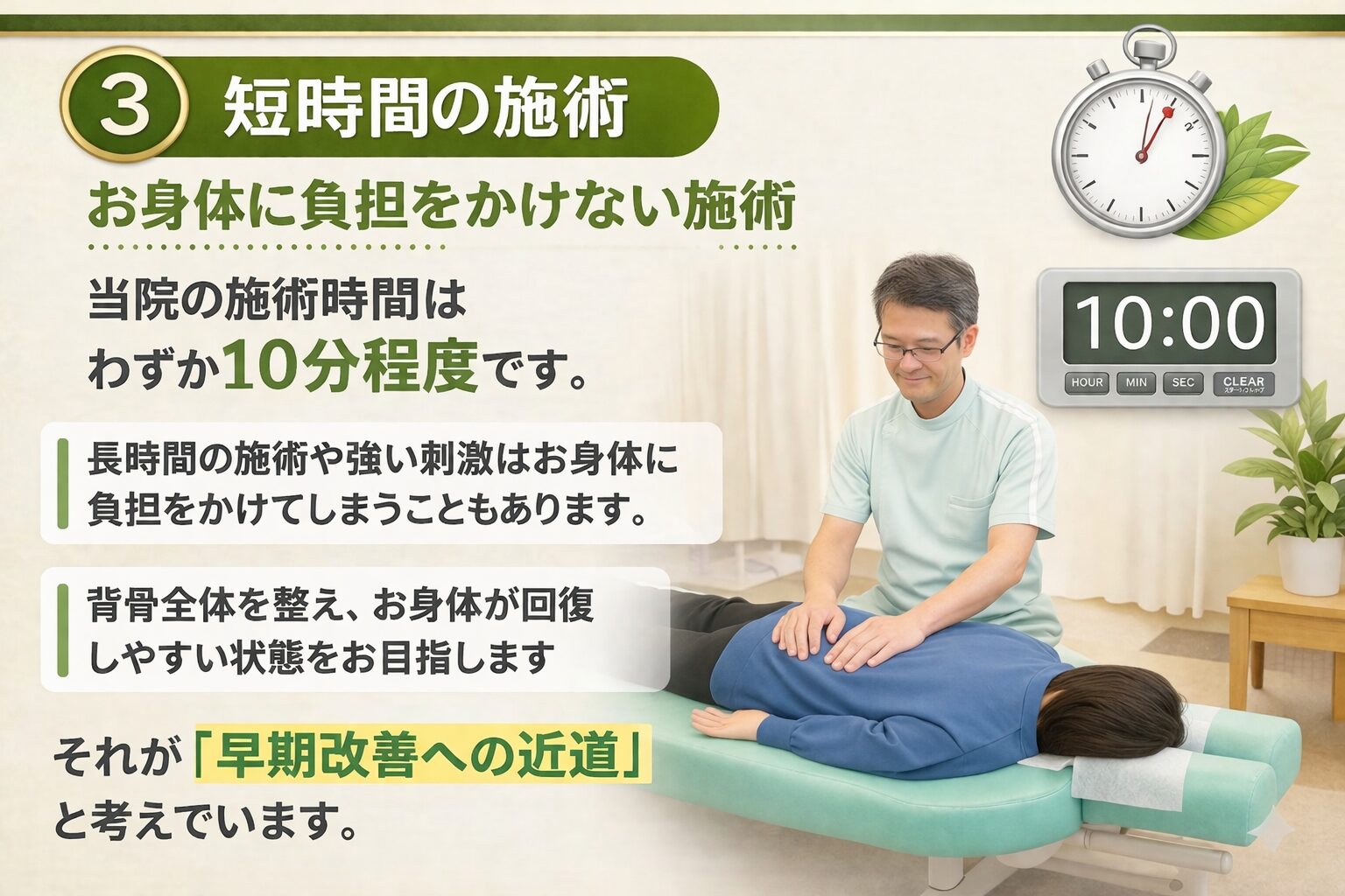 「短時間」で終える。それが、早期改善への近道です   当院の施術時間は、15分〜30分と非常に短めです。これには、「あなたのお身体を、最短で良くしたい」という強いこだわりがあります。  想像してみてください。 風邪を引いて寝込んでいる時に、1時間もかけて豪華なフルコース料理を出されたら、胃がもたれて疲れてしまいますよね？  今のあなたのお身体も、それと同じ状態です。  長い施術： 弱ったお身体には「刺激」が強すぎて、逆に疲労が溜まってしまいます。  当院の短時間施術： 痛みの「原因」だけにピタッと焦点を絞り、最小限の刺激で終わらせます。  「お身体に余計な負担をかけず、回復する力を最大限に引き出します」  ※初回の方は、お話をしっかり伺うために検査とカウンセリングで合計60分ほどお時間をいただきます。