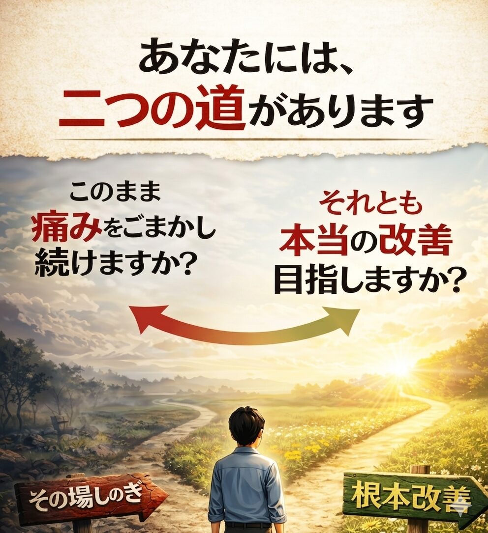 【あなたには二つの道があります】  ■　一つ目の道は、「他の治療を選ぶ」ことです。  　整形外科・接骨院などで、「痛み止めのお薬」「ブロック注射」「シップ」「マッサージ」「電気療法」などで、一時的に痛みの緩和を目指すことです。しかし、それらを繰り返している方ほど、とてもつらい症状で悩んでいる方が多いと感じています。  「痛みを止めのお薬」は、一時的に痛みを感じないようになるだけで、原因を改善していないので、どこかの時点で、狭窄症・ヘルニア・神経痛などの重度の症状に繋がると約２０年の経験から確信しています。  　手術をしても100％良くなる保証はありません。手術をしなければよかったとの声も多く聞きます。  ■　二つ目の道は「当院の施術を受ける」ことです。  　当院で、「背骨のゆがみを改善」し、脳からの「神経伝達を正常にする」ことで、「自然治癒力を最大限」に発揮し、痛みやしびれの「根本改善」を目指すことです。（DRT整体）  背骨は、お身体の中心となる柱です。背骨のバランスを良くすることは、実はとても大切なことですが、多くの方はこの大切なことを知りません。  私は、約２０年、７万件以上の様々なお悩みの方と向き合い、多くの施術方法を学んできた経験・知識から、【背骨バランス】が重要なことは実感しており、当院の施術を自信を持ってご提案しております。  あなたの健康を回復、維持していくための大切なポイントや秘訣をお伝えし、生涯の　健康を共に築くパートナーとして、全力でサポートさせていただきます。