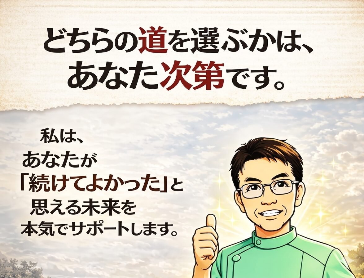 どちらの道を選ぶかは“あなた次第”です。  最終的に、「一時的緩和を目指す」か「本当の改善を目指す」か、どちらの道を選ぶかは、あなた次第です。  私は、あなたが「続けてよかった」と思えるよう全力でサポートいたします。