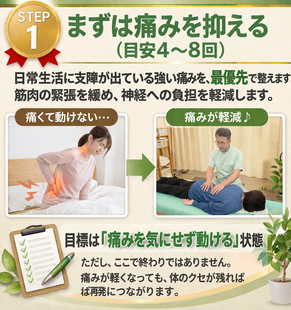 まずは痛みを抑える（目安1〜4回）  日常生活に支障が出ている強い痛みを、最優先で整えます。
筋肉の緊張をゆるめ、神経への負担を軽減します。  目標は「痛みを気にせず動ける」状態。  ただし、ここで終わりではありません。
痛みが軽くなっても、体のクセが残れば再発につながります。