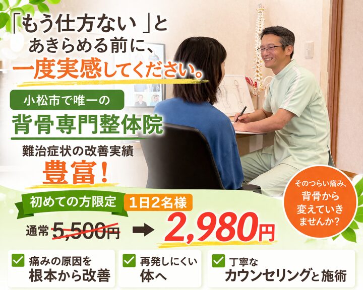 もう仕方ない」とあきらめる前に。一度実感してください  小松市で唯一の背骨専門整体院。
難治症状の改善実績が豊富な
けん幸整体院こまつです。初めての方限定1日2名様通常5,500円→2,980円