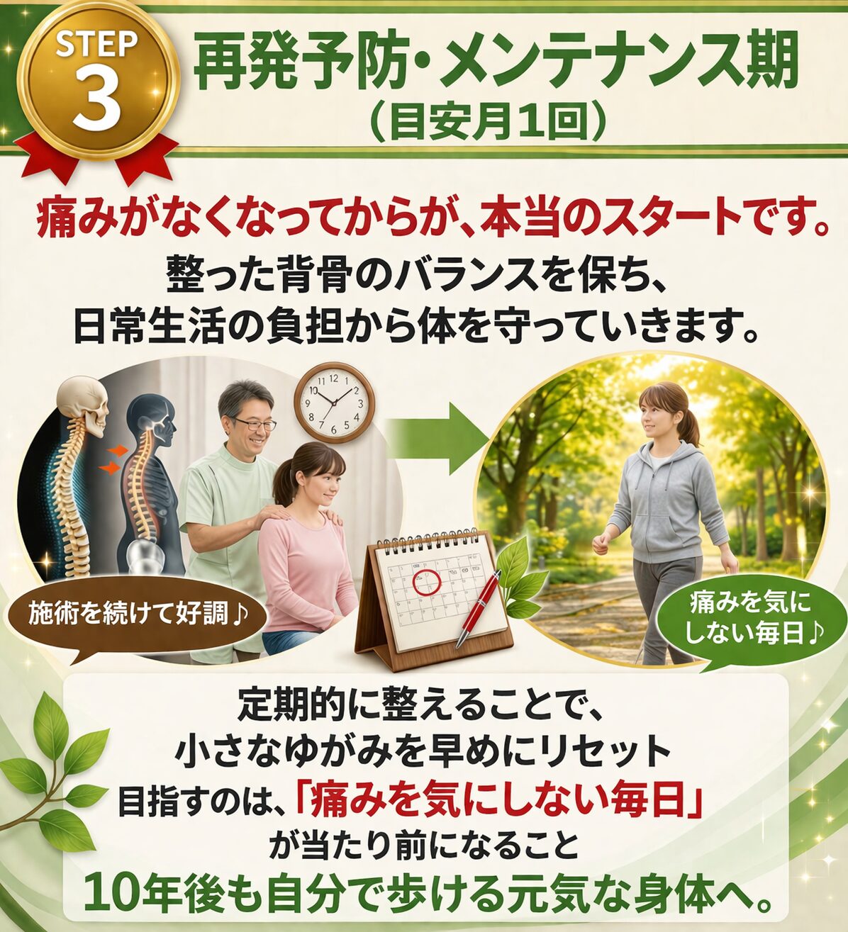 再発予防・メンテナンス期（目安 月1回）  痛みがなくなってからが、本当のスタートです。  整った背骨のバランスを保ち、
日常生活の負担から体を守っていきます。  定期的に整えることで、
小さなゆがみを早めにリセット。  目指すのは、
「痛みを気にしない毎日」が当たり前になること。  10年後も、自分の足で元気に歩ける体へ。