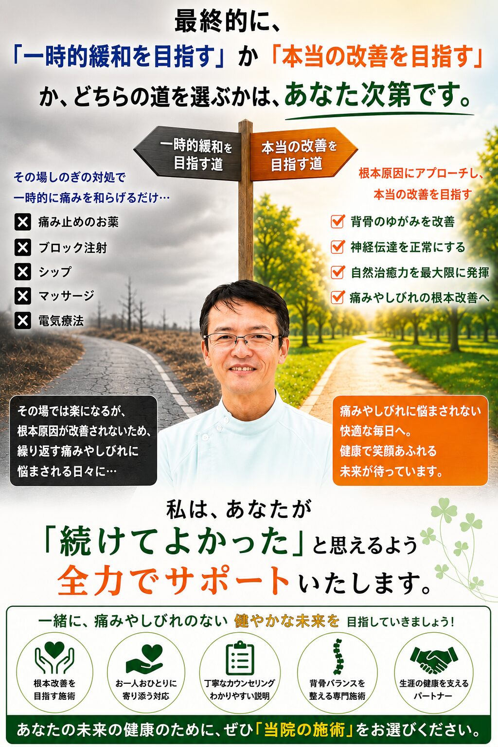 最終的に、「一時的緩和を目指す」か「本当の改善を目指す」か、どちらの道を選ぶかは、あなた次第です。 私は、あなたが「続けてよかった」と思えるよう全力でサポートいたします。