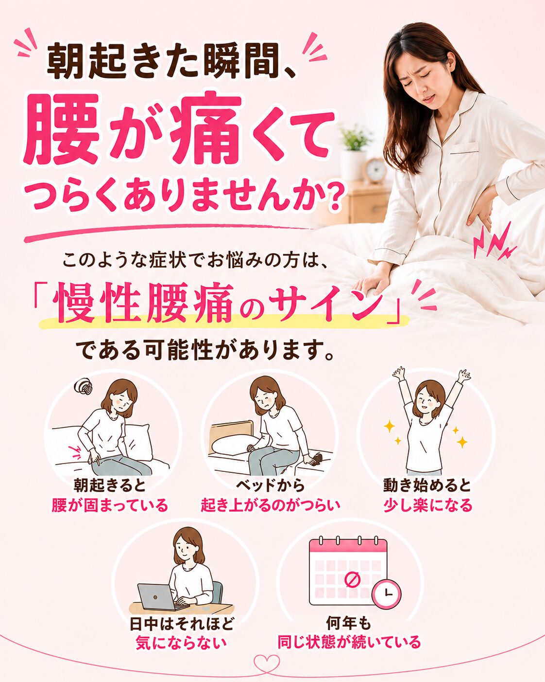 朝起きた瞬間、腰が痛くてつらくありませんか？ ✔ 朝起きると腰が固まっている ✔ ベッドから起き上がるのがつらい ✔ 動き始めると少し楽になる ✔ 日中はそれほど気にならない ✔ 何年も同じ状態が続いている このような症状でお悩みの方は、 「慢性腰痛のサイン」である可能性があります。