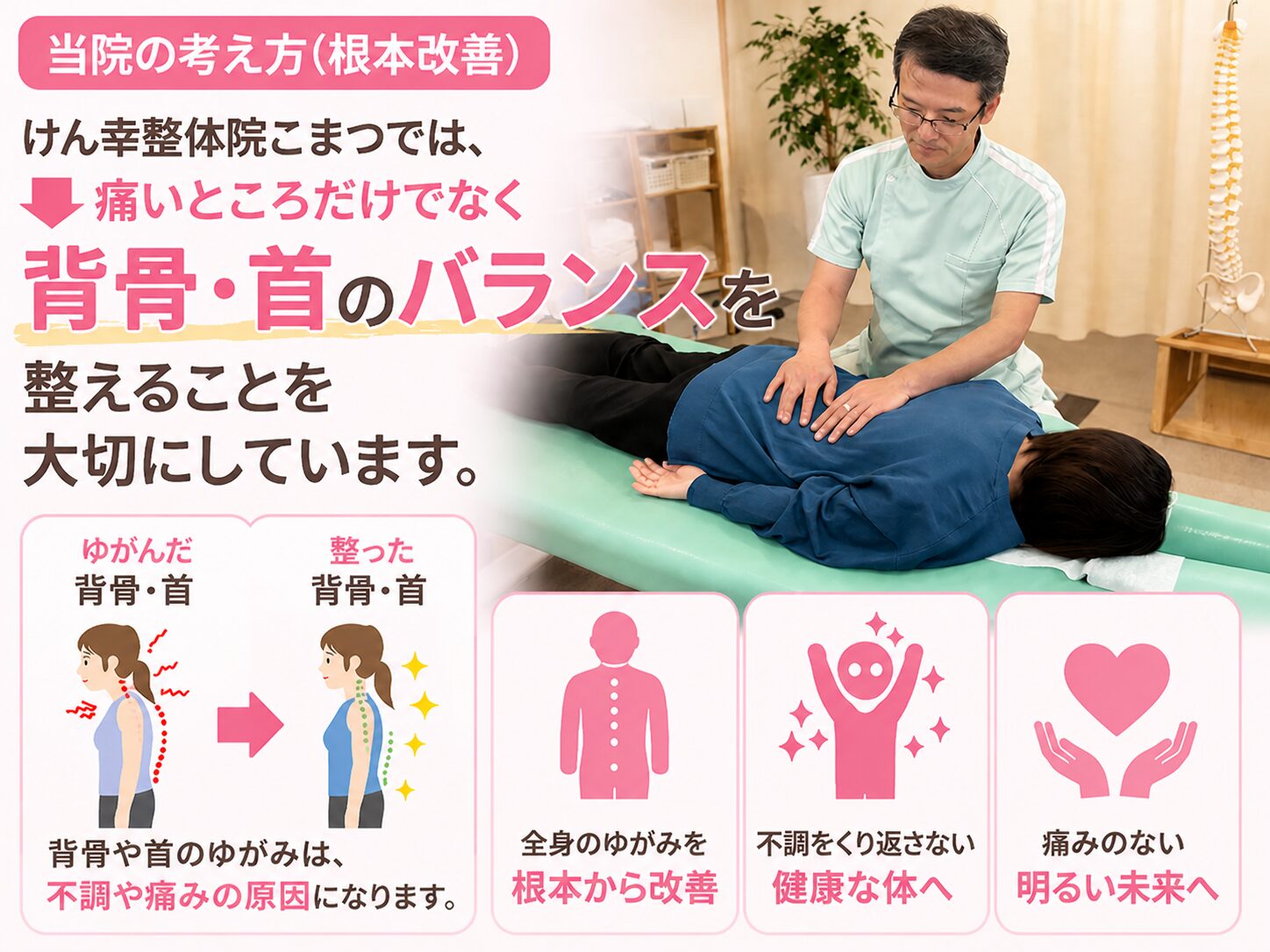 当院の考え方(根本改善) けん幸整体院こまつでは、 👉 痛いところだけでなく
背骨・首のバランスを整えることを大切にしています。