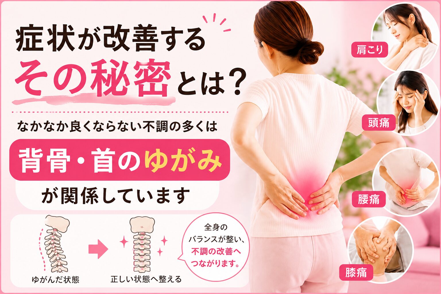 症状が改善するその秘密とは? 慢性的な腰痛・膝痛・肩こり・頭痛など、
なかなか良くならない不調の多くは 👉 背骨・首のゆがみ が関係しています。