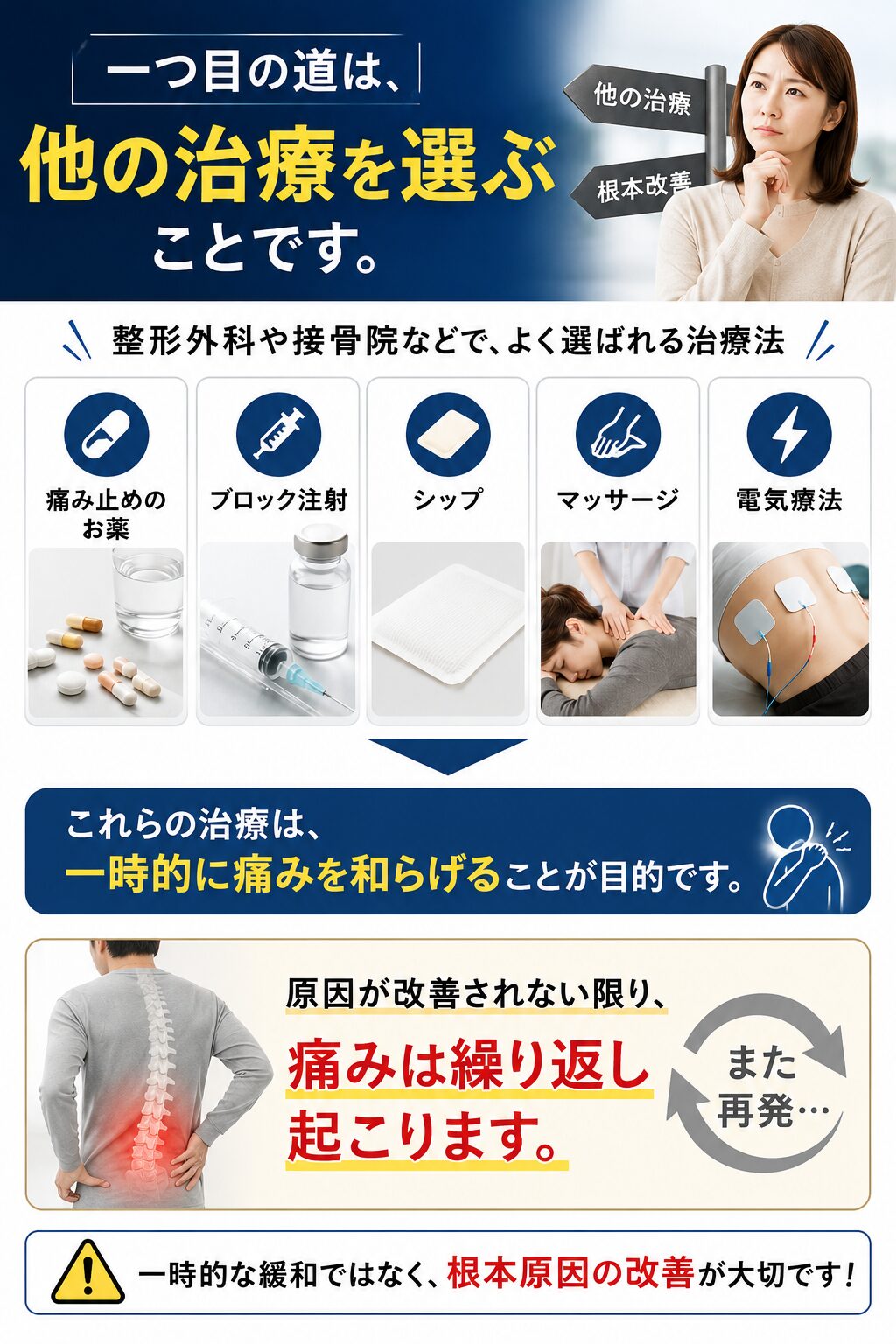   ■　一つ目の道は、「他の治療を選ぶ」ことです。  　整形外科・接骨院などで、「痛み止めのお薬」「ブロック注射」「シップ」「マッサージ」「電気療法」などで、一時的に痛みの緩和を目指すことです。しかし、それらを繰り返している方ほど、とてもつらい症状で悩んでいる方が多いと感じています。  「痛みを止めのお薬」は、一時的に痛みを感じないようになるだけで、原因を改善していないので、どこかの時点で、狭窄症・ヘルニア・神経痛などの重度の症状に繋がると約２０年の経験から確信しています。  　手術をしても100％良くなる保証はありません。手術をしなければよかったとの声も多く聞きます。