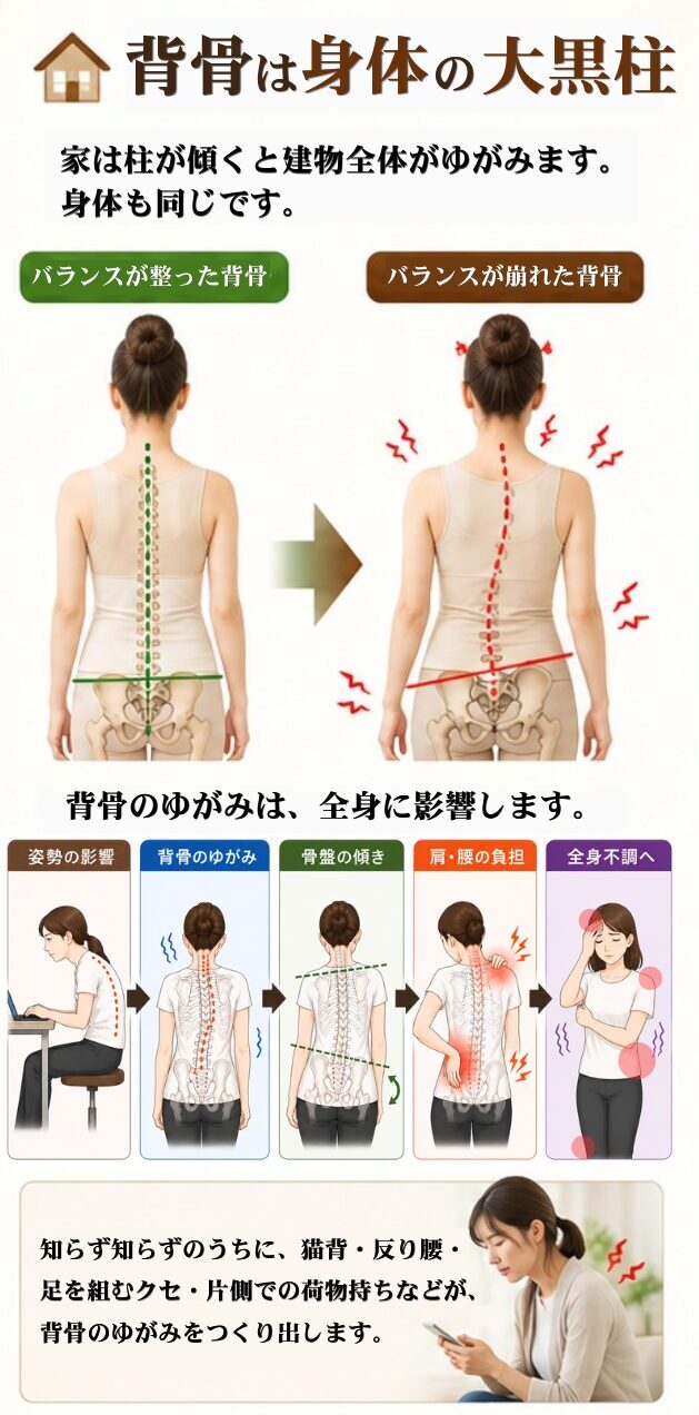 背骨は身体の大黒柱。家は柱が傾くと建物全体がゆがみます。身体も同じです。背骨のゆがみは全身に影響します。姿勢の悪化→背骨のゆがみ→骨盤のゆがみ→肩腰の不調→全身の不調へ。知らず知らずのうちに猫背・反り腰・足を組むクセ・片側で荷物持ちなどが背骨のゆがみを作り出します。