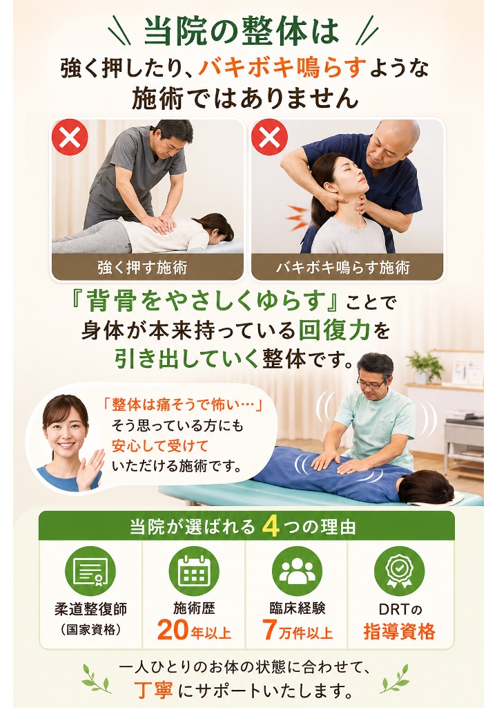 当院の整体は、 強く押したり、ボキボキ鳴らすような施術ではありません。 ”背骨をやさしくゆらす”ことで 身体が本来持っている回復力を引き出していく整体です。 「整体は痛そうで怖い…」 そう思っている方にも 安心して受けていただける施術です。
まずはお気軽にご相談ください  背骨ゆらゆら整体は、
体に負担をかけないやさしい整体です。  慢性的な痛みや不調でお悩みの方は
ぜひ一度ご相談ください。  あなたが本来持っている
健康な体を取り戻すお手伝いができれば幸いです。
柔道整復師（国家資格）／施術歴20年以上／臨床経験7万件以上／DRTの指導資格