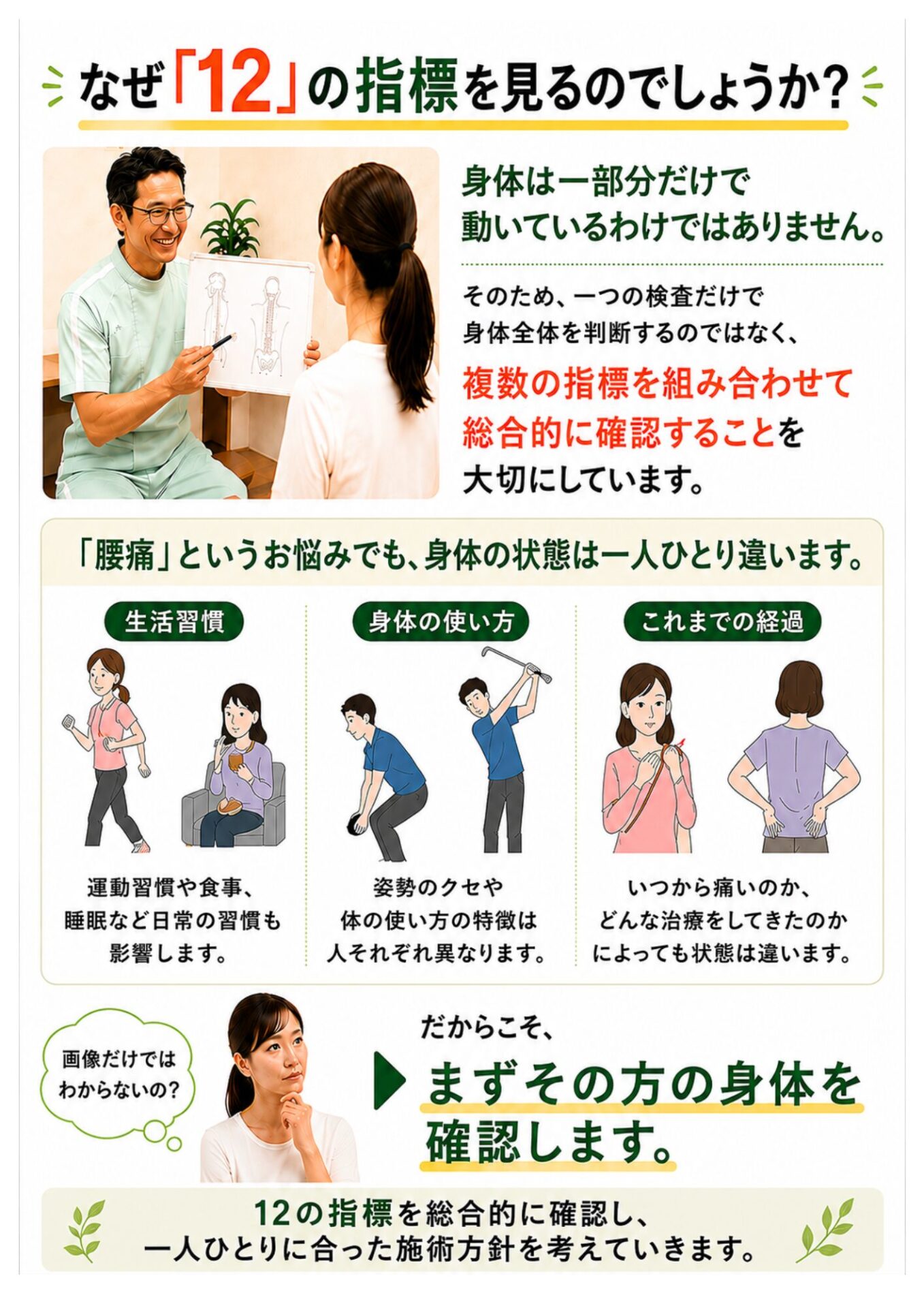 なぜ「12」の指標を見るのでしょうか？  身体は一部分だけで動いているわけではありません。  そのため、一つの検査だけで身体全体を判断するのではなく、複数の指標を組み合わせて総合的に確認することを大切にしています。  同じ「腰痛」というお悩みでも、身体の状態は一人ひとり違います。  年齢、仕事、生活習慣、身体の使い方、これまでの経過も違います。  だからこそ、  「腰痛だから全員同じ施術」  ではなく、まずその方の身体を確認する。  そのための判断材料となるのが、12の指標です。