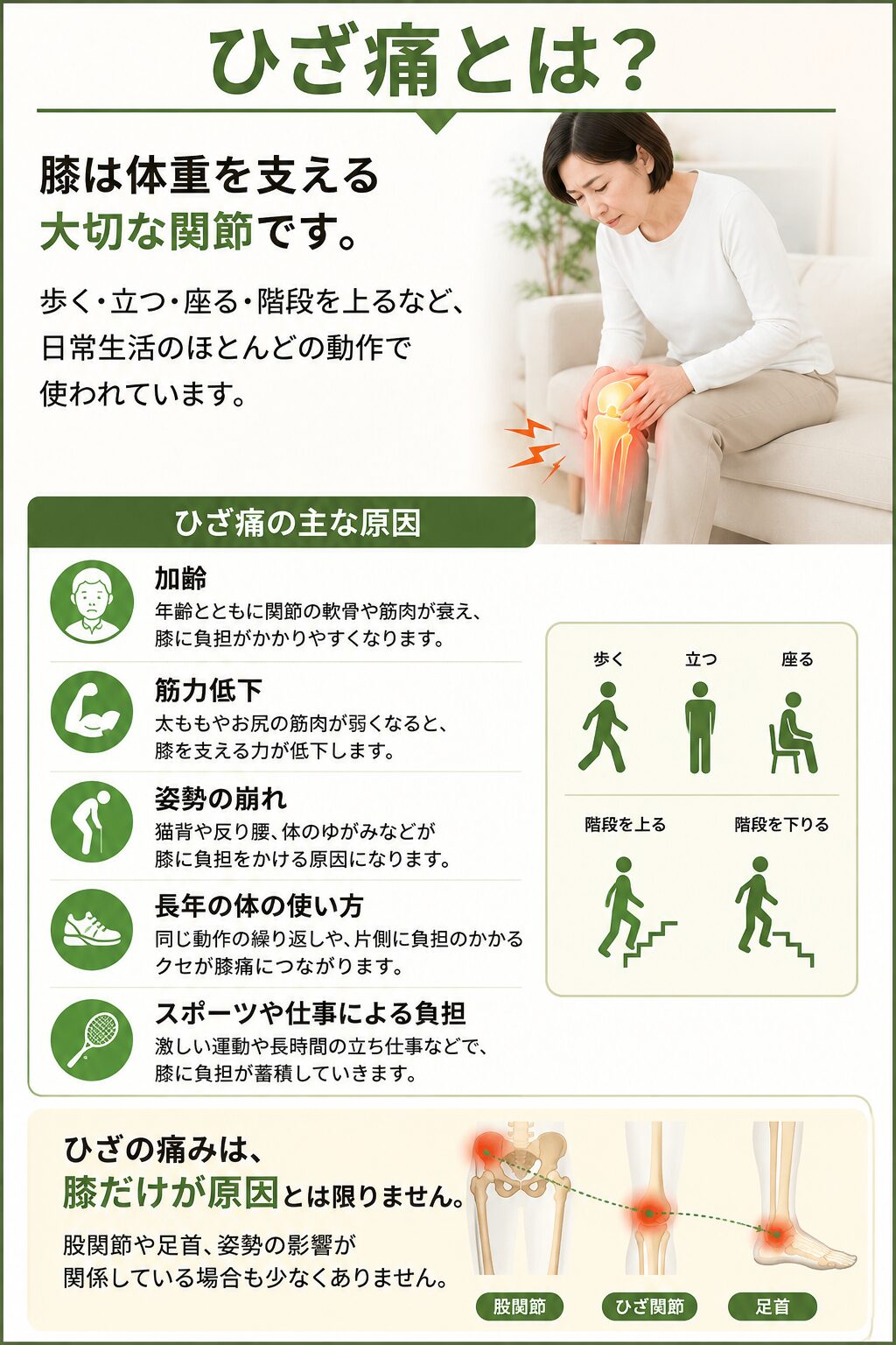 ひざ痛とは？  膝は体重を支える大切な関節です。  歩く・立つ・座る・階段を上るなど、日常生活のほとんどの動作で使われています。  そのため、  加齢
筋力低下
姿勢の崩れ
長年の体の使い方
スポーツや仕事による負担  など様々な原因によって痛みが起こります。膝だけでなく、股関節や足首、姿勢の影響が関係している場合も少なくありません。