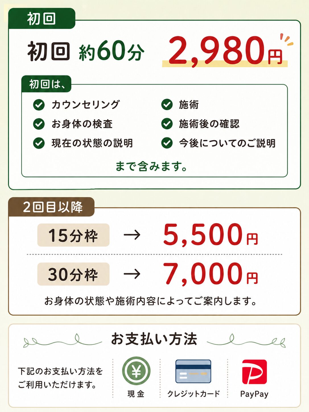 初回 約６０分　2,980円  初回は、  ・カウンセリング
・お身体の検査
・現在の状態の説明
・施術
・施術後の確認
・今後についてのご説明  まで含みます。