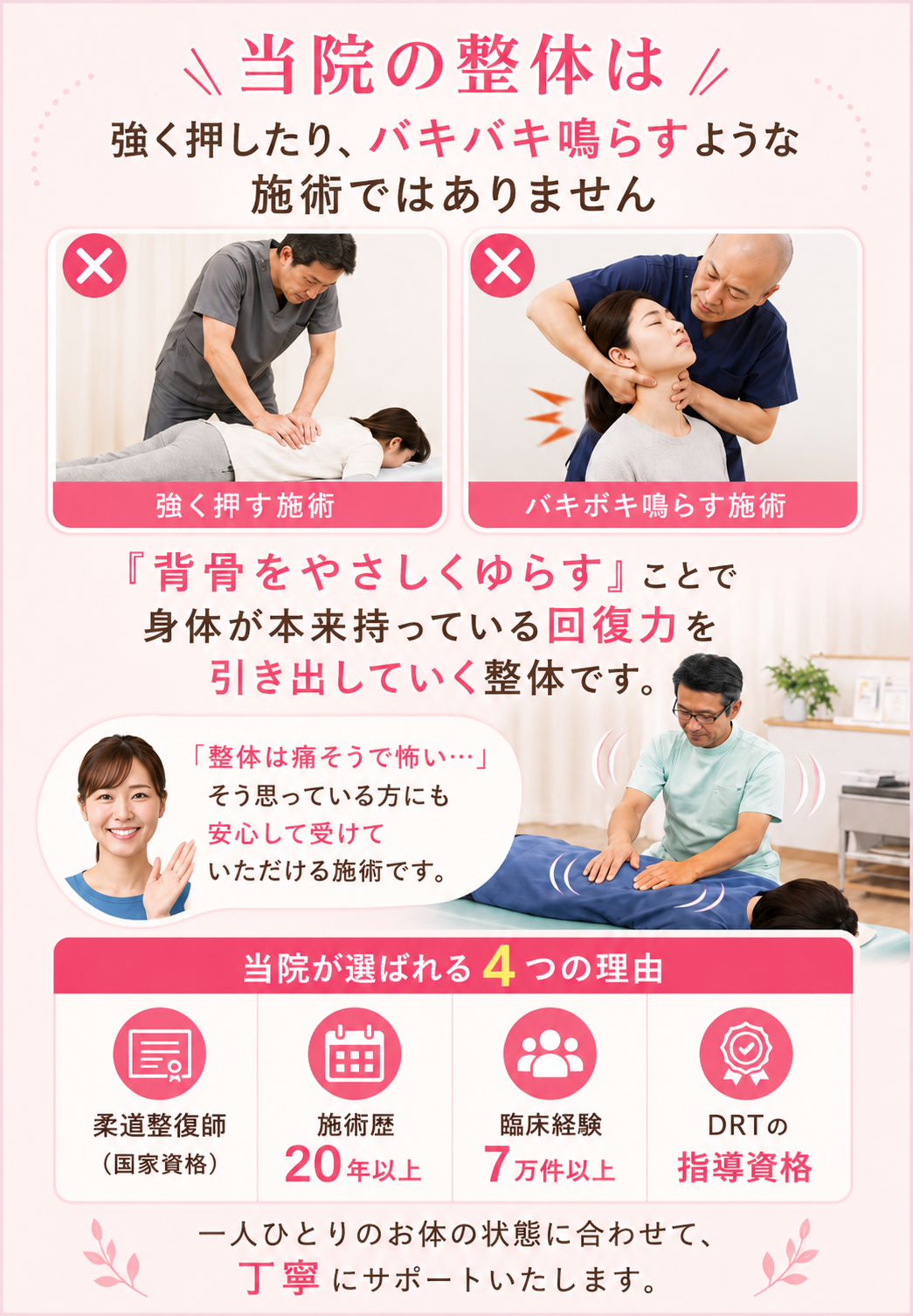 当院の整体は、 強く押したり、ボキボキ鳴らすような施術ではありません。 ”背骨をやさしくゆらす”ことで 身体が本来持っている回復力を引き出していく整体です。 「整体は痛そうで怖い…」 そう思っている方にも 安心して受けていただける施術です。
まずはお気軽にご相談ください 背骨ゆらゆら整体は、
体に負担をかけないやさしい整体です。 慢性的な痛みや不調でお悩みの方は
ぜひ一度ご相談ください。 あなたが本来持っている
健康な体を取り戻すお手伝いができれば幸いです。
柔道整復師(国家資格)/施術歴20年以上/臨床経験7万件以上/DRTの指導資格