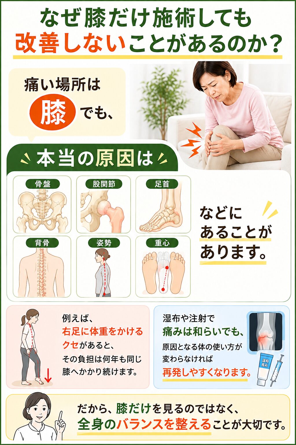 なぜ膝だけ施術しても改善しないことがあるのでしょうか？  痛い場所は膝でも、  本当の原因は  骨盤
股関節
足首
背骨
姿勢
重心  などにあることがあります。  例えば、  右足に体重をかけるクセがあると、その負担は何年も同じ膝へかかり続けます。  湿布や注射で痛みが和らいでも、原因となる体の使い方が変わらなければ再発しやすくなります。