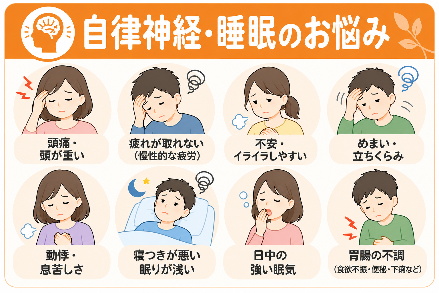 自律神経・睡眠のお悩み　頭が重い、疲れがtれない、不安、イライラしやすい、めまい・立ちくらみ、動悸・息苦しさ、寝つきが悪い、日中の強い眠気、胃腸の不調